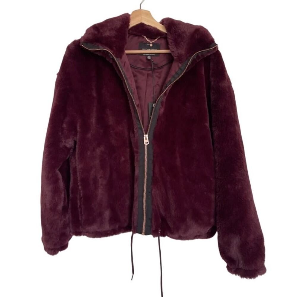 Lucky Brand Burgundy Faux Shearling Teddy Jacket Full Zip Plush Coat Large